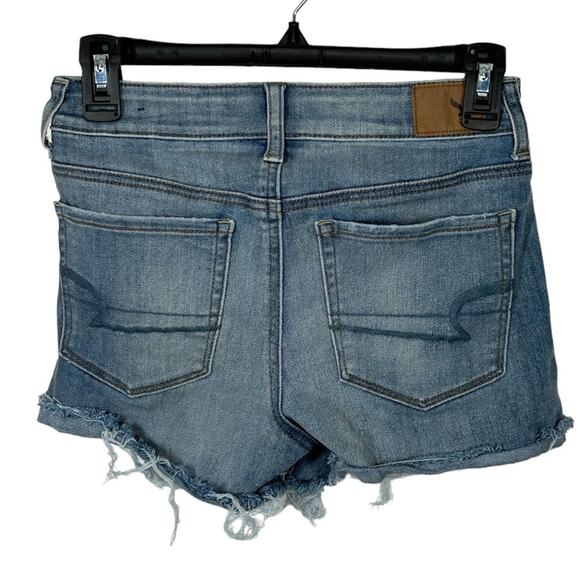 American Eagle Super Super Stretch Hi-Rise Shortie Raw Hem Denim Jean Shorts - Picture 4 of 9